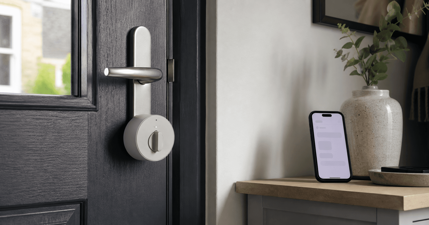 A generic retrofit smart lock on the inside of a UK-style front door with a phone nearby
