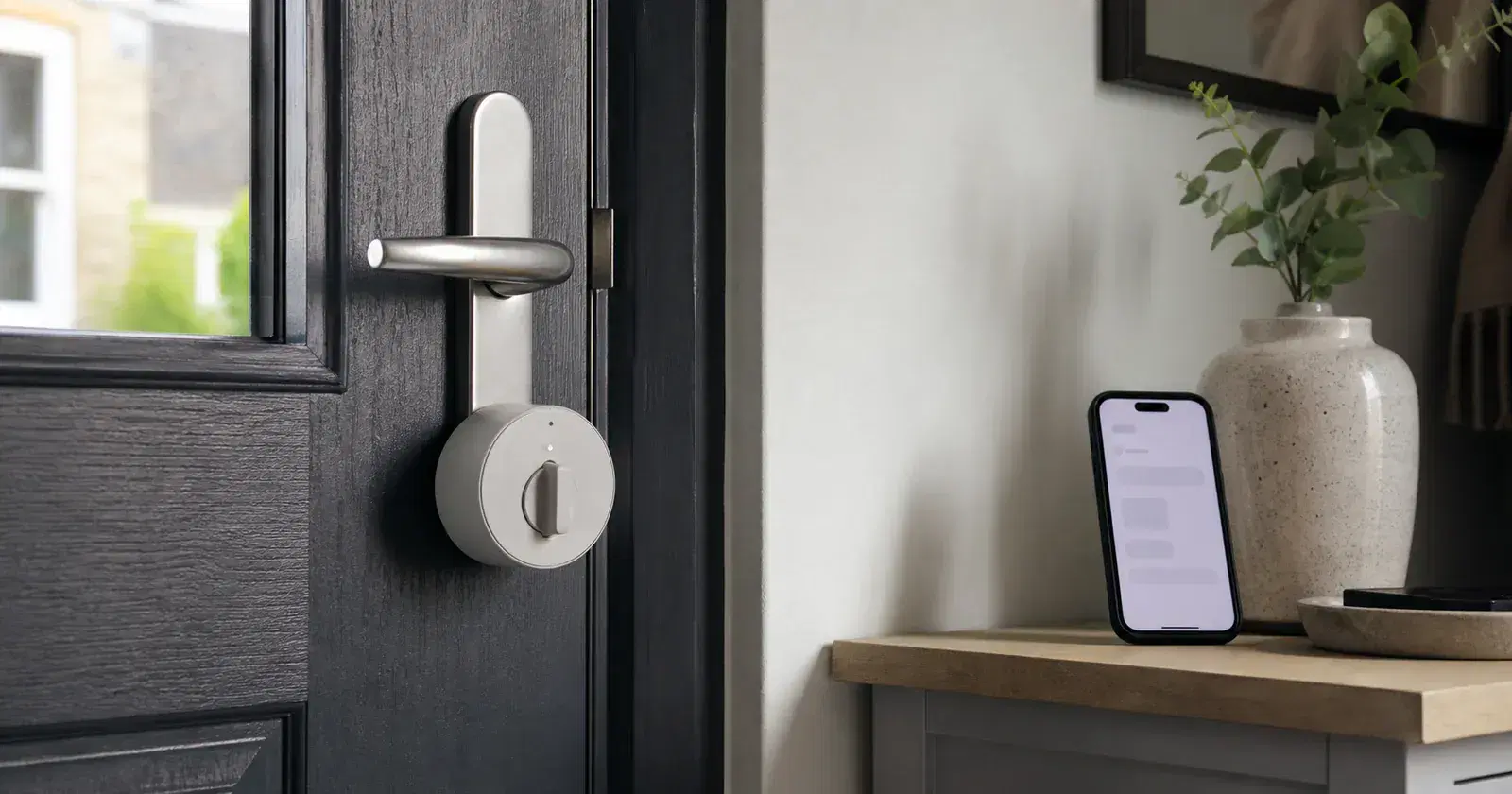 A generic retrofit smart lock on the inside of a UK-style front door with a phone nearby