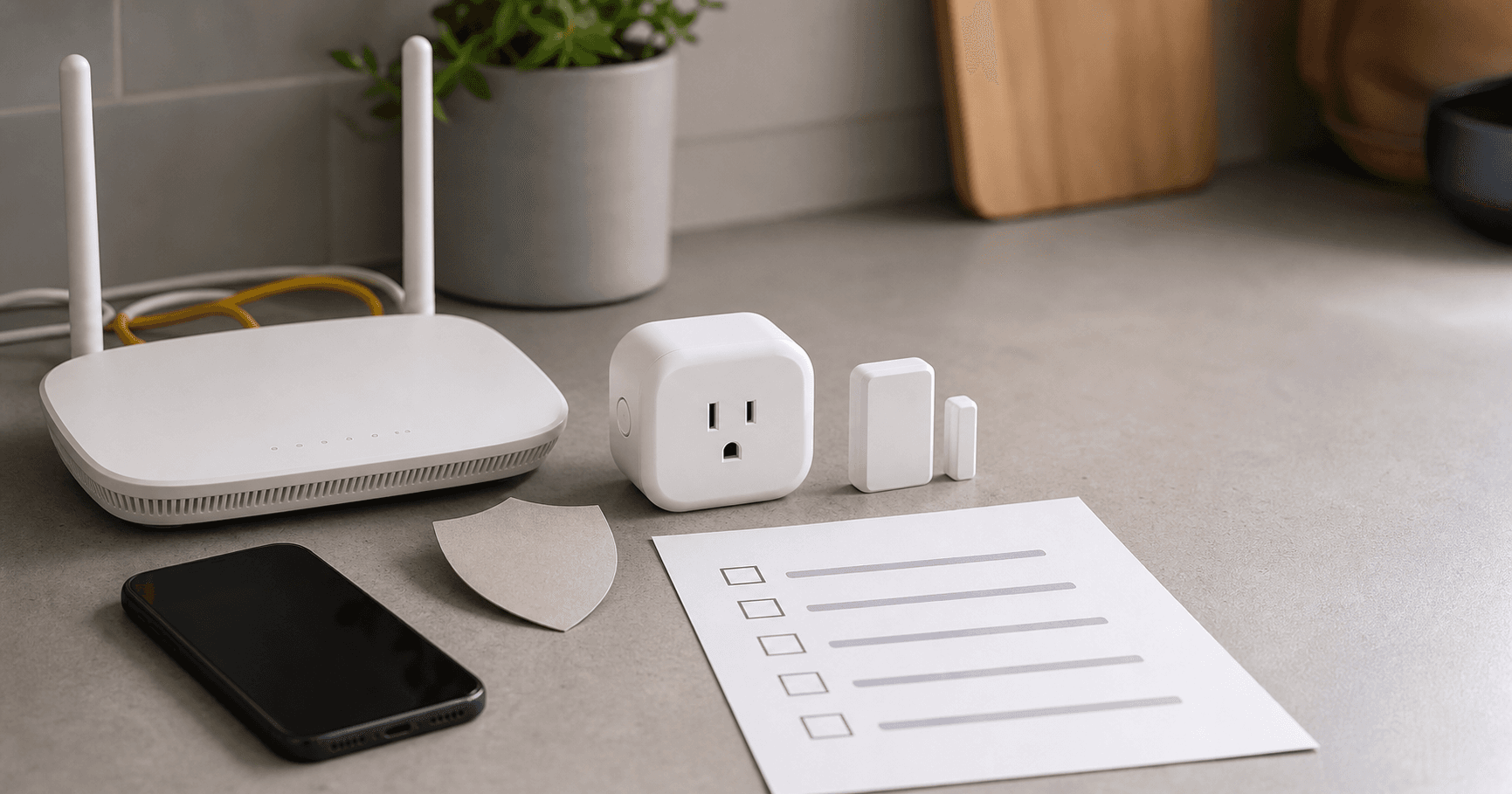 Unbranded smart home devices arranged for a security review beside a checklist