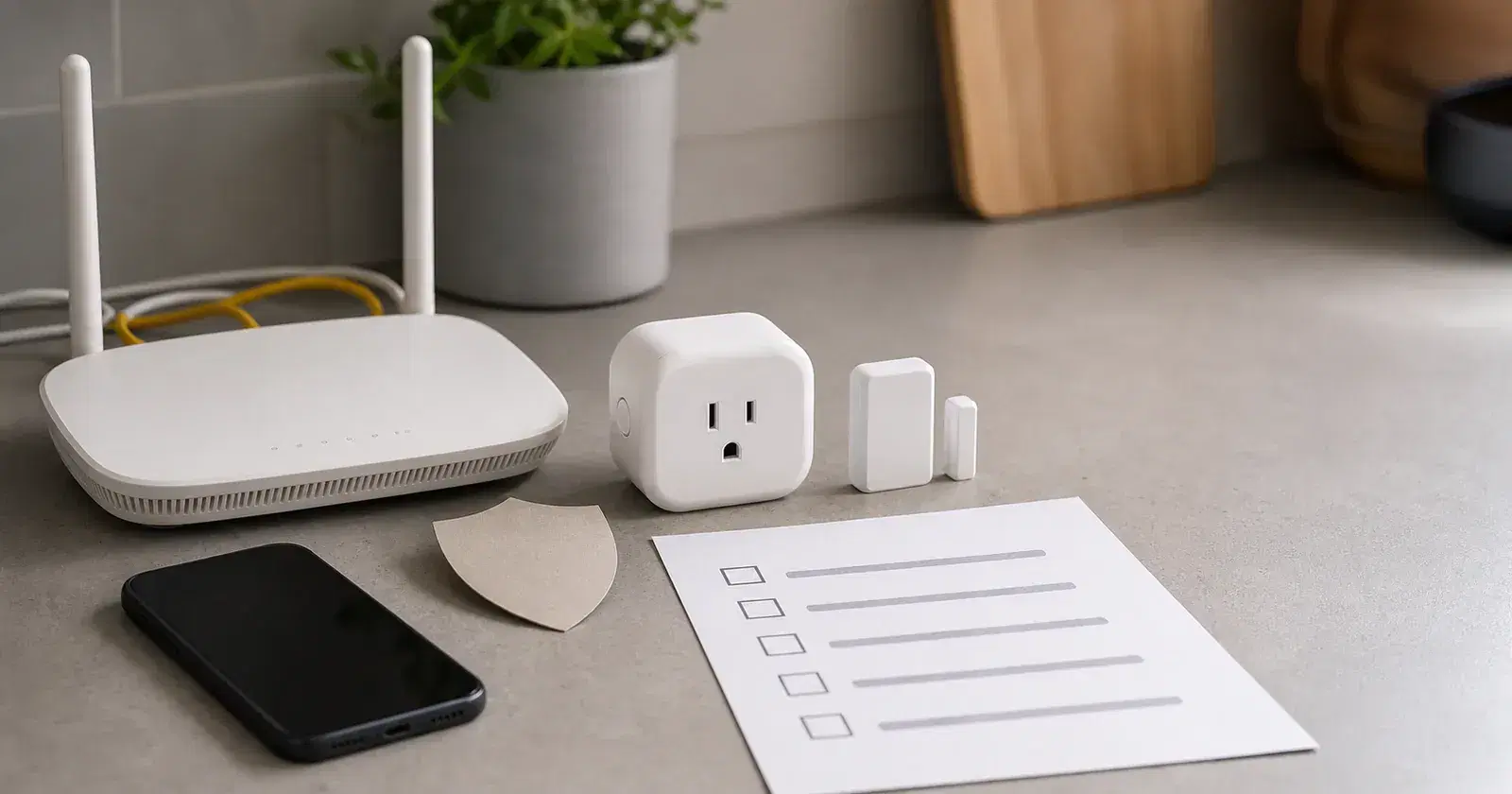 Unbranded smart home devices arranged for a security review beside a checklist