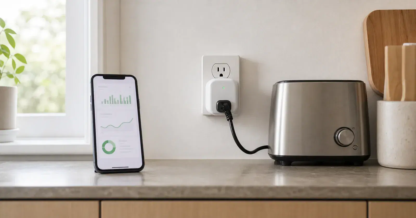 A generic smart plug powering a small appliance beside a phone with abstract energy charts