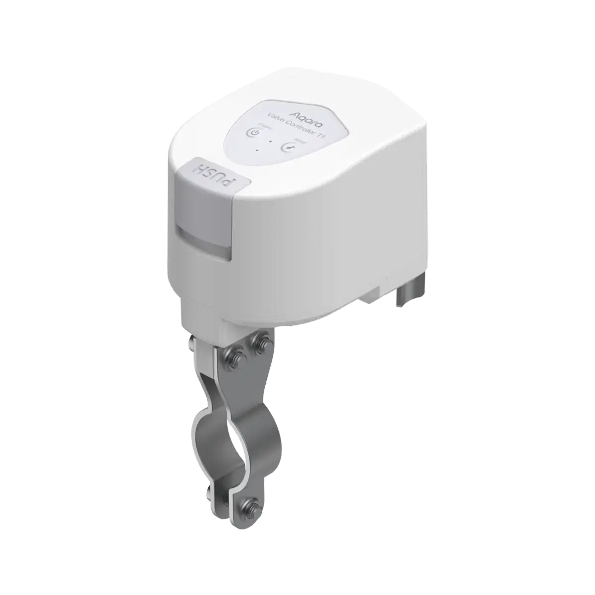 White Aqara Valve Controller T1 with its metal pipe clamp and rotating arm