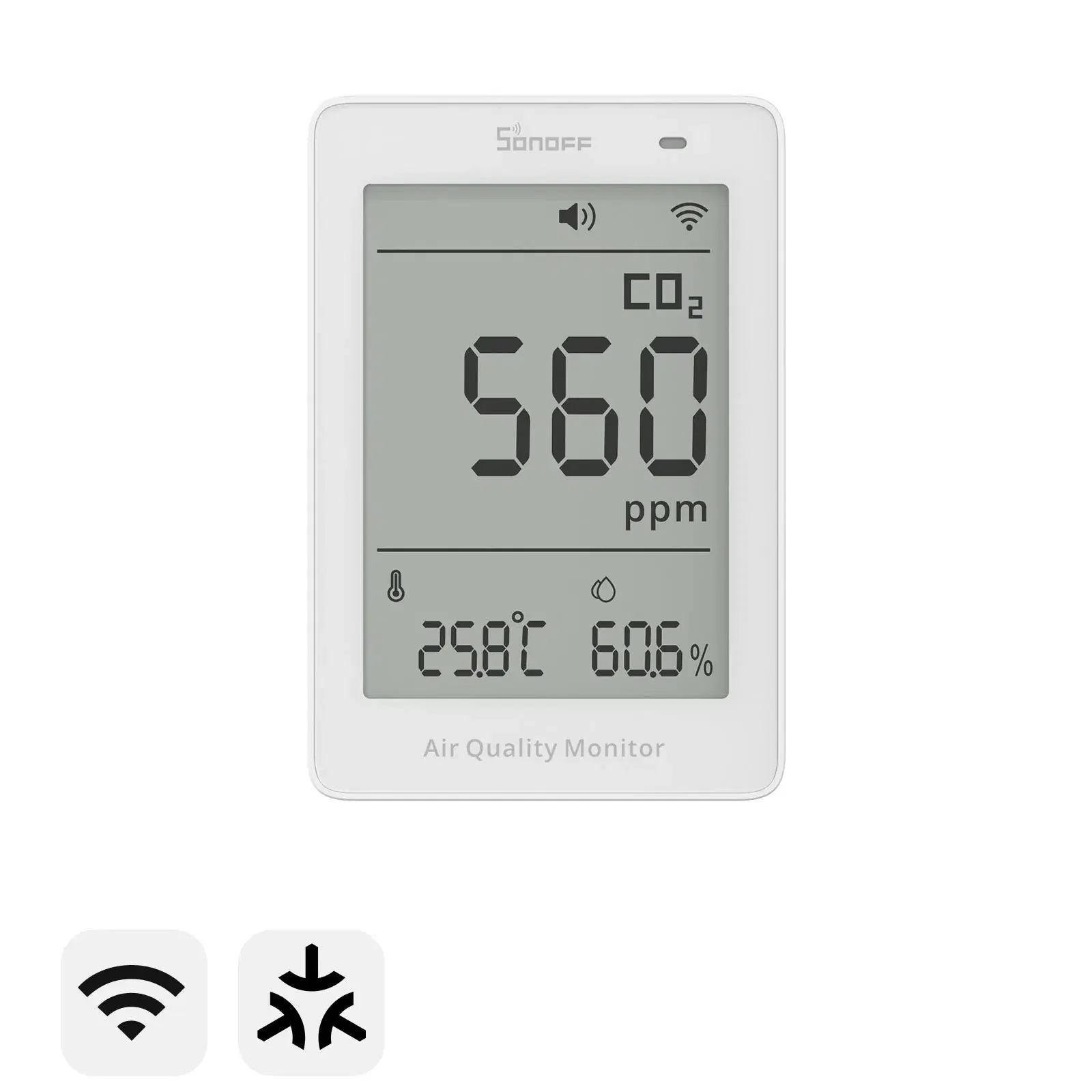 White SONOFF AirGuard CO2 monitor showing carbon dioxide, temperature, and humidity readings