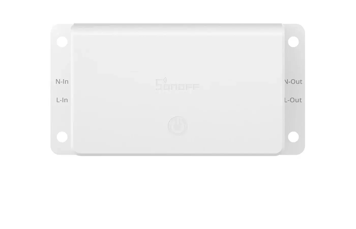 White SONOFF Basic Gen5 inline switch with labeled neutral and live input and output sides