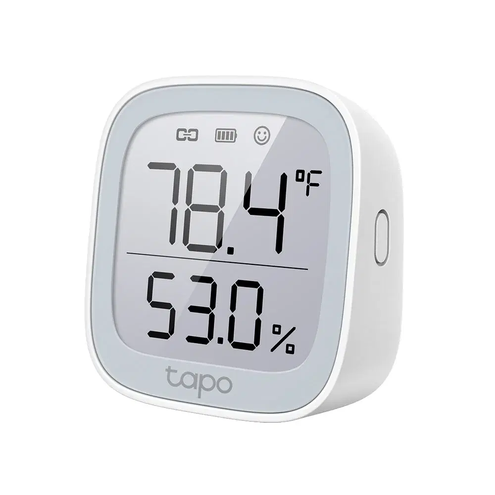 White Tapo T315 monitor showing temperature and humidity on its square display