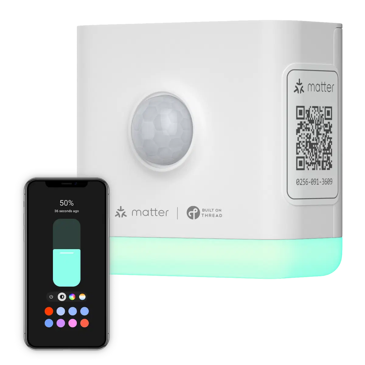 White ThirdReality Smart Night Light-T with a motion sensor, glowing RGB light, and phone controls