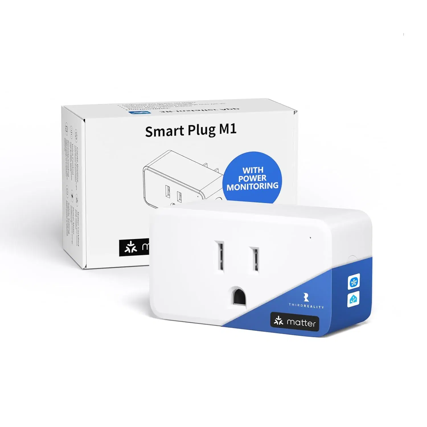 White and blue ThirdReality Smart Plug M1 with its retail box