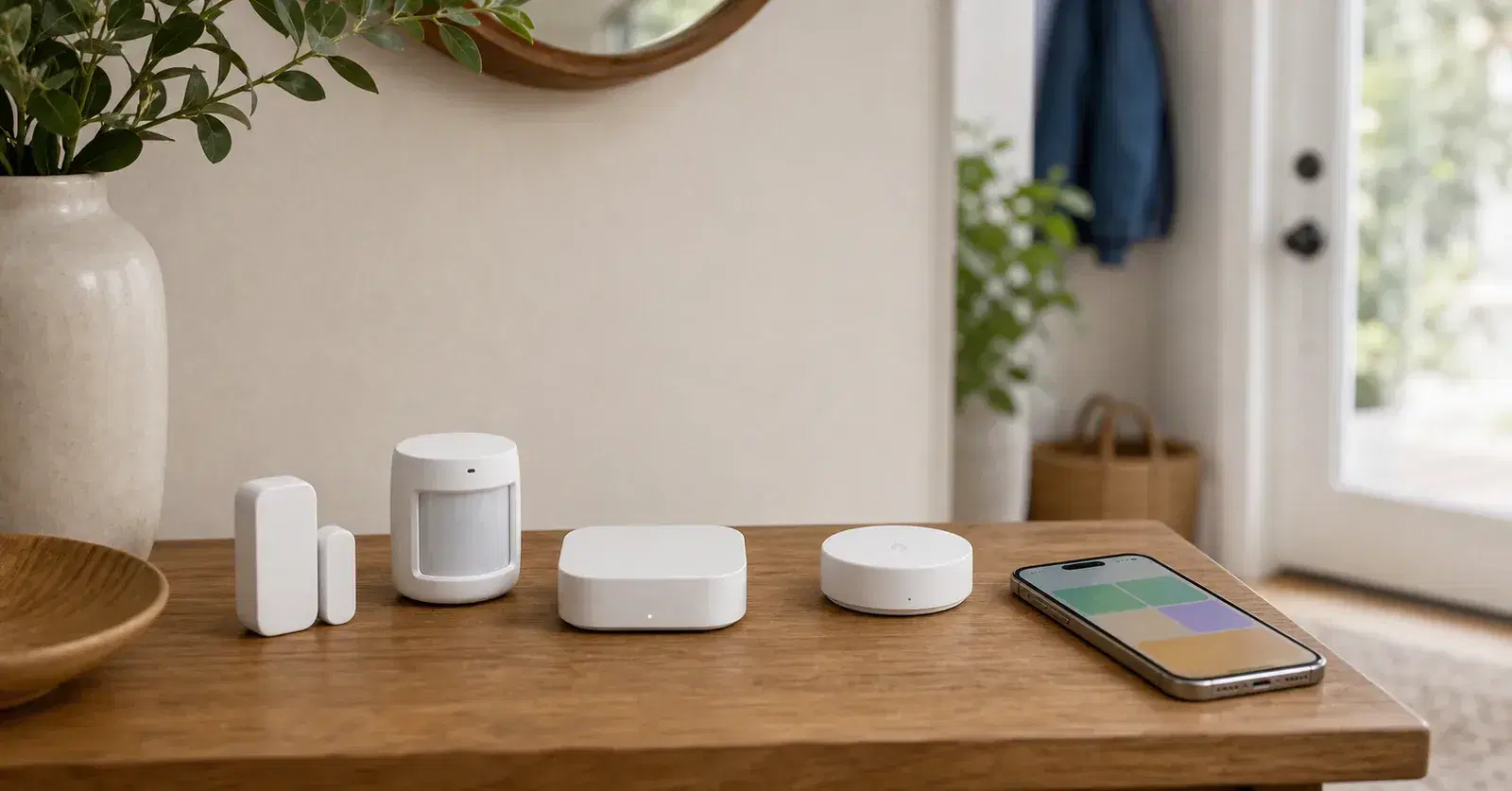 Unbranded contact sensor, motion sensor, and leak sensor arranged near an Apple-style smart home setup