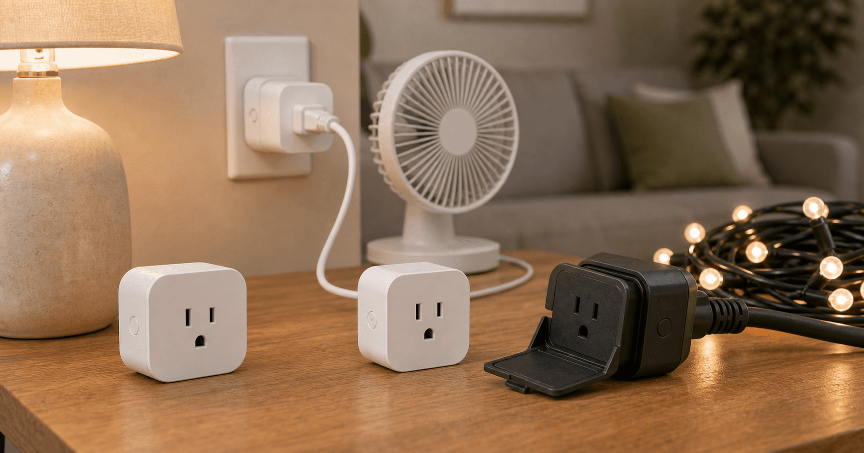Several unbranded smart plugs near a lamp and outdoor string lights