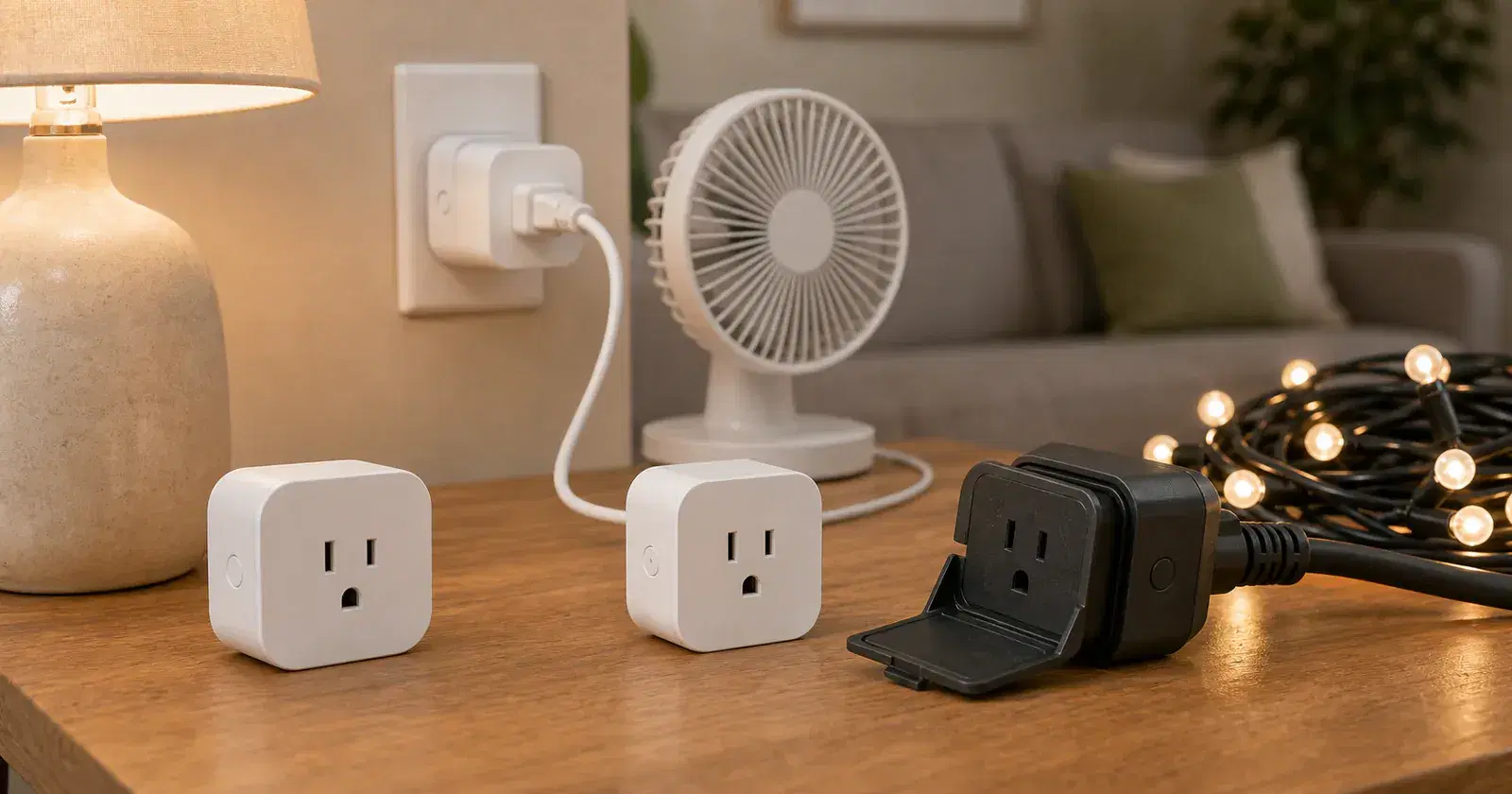 Several unbranded smart plugs near a lamp and outdoor string lights