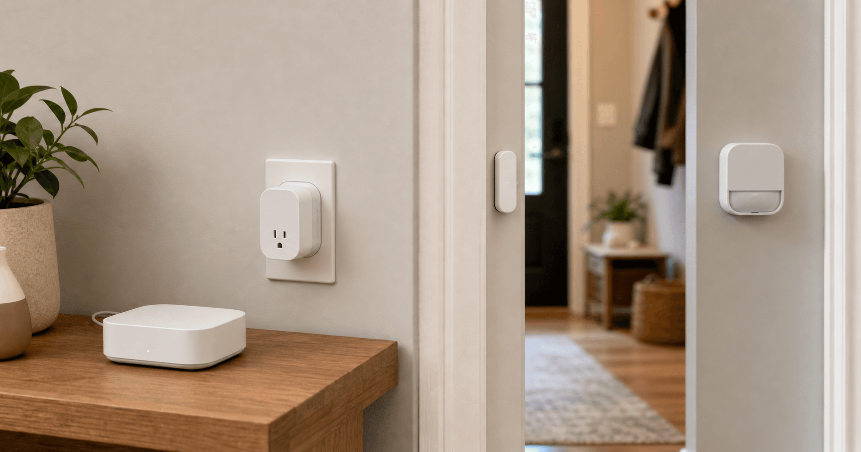 A small hub on a shelf connecting nearby unbranded Thread sensors and smart plugs