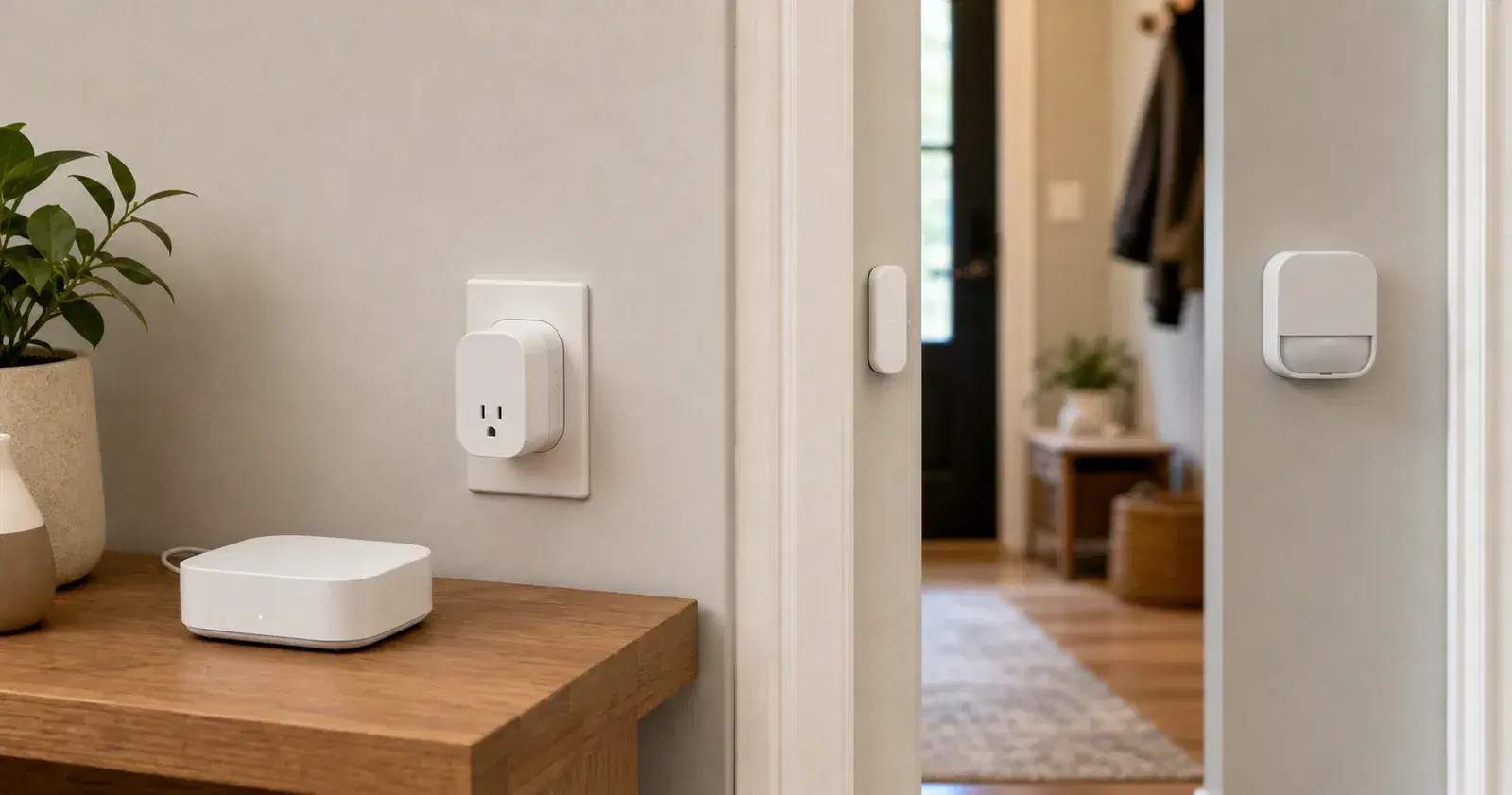 A small hub on a shelf connecting nearby unbranded Thread sensors and smart plugs