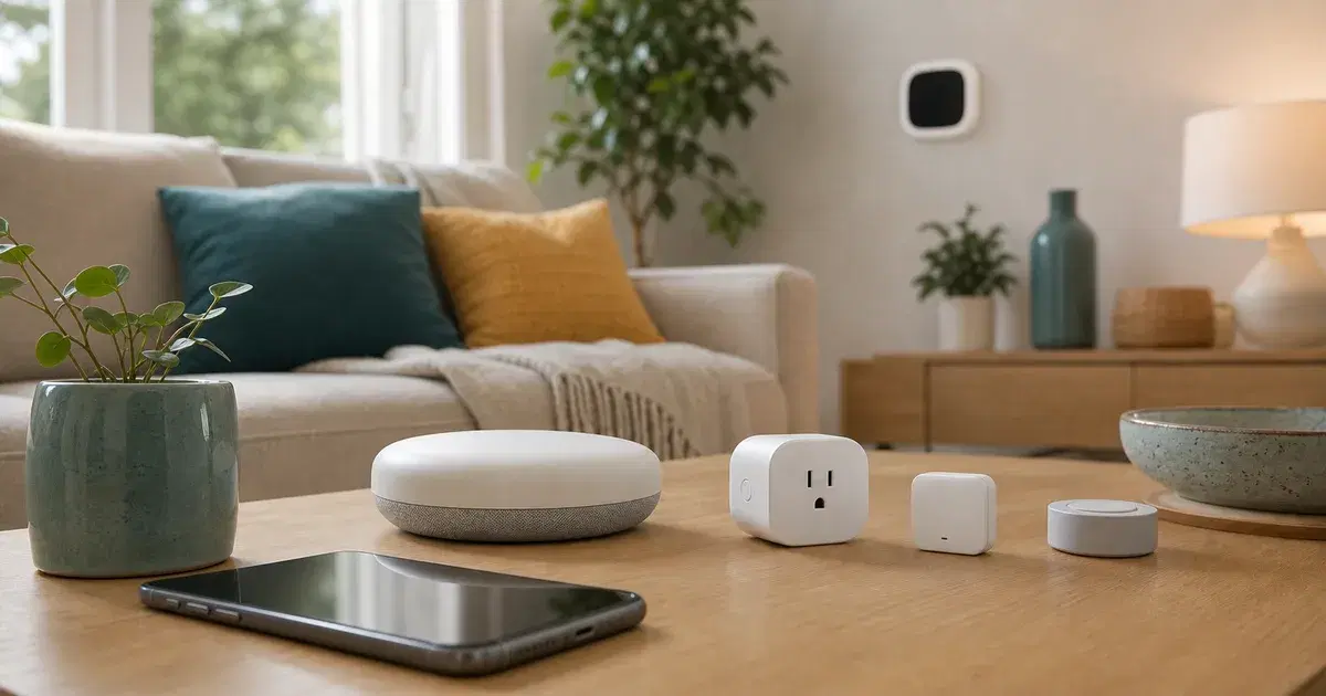 Unbranded smart home devices on a living-room table representing a practical Matter setup