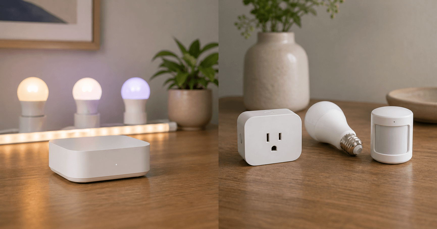 A hub on one side and individual smart devices on the other showing a bridge versus native Matter choice