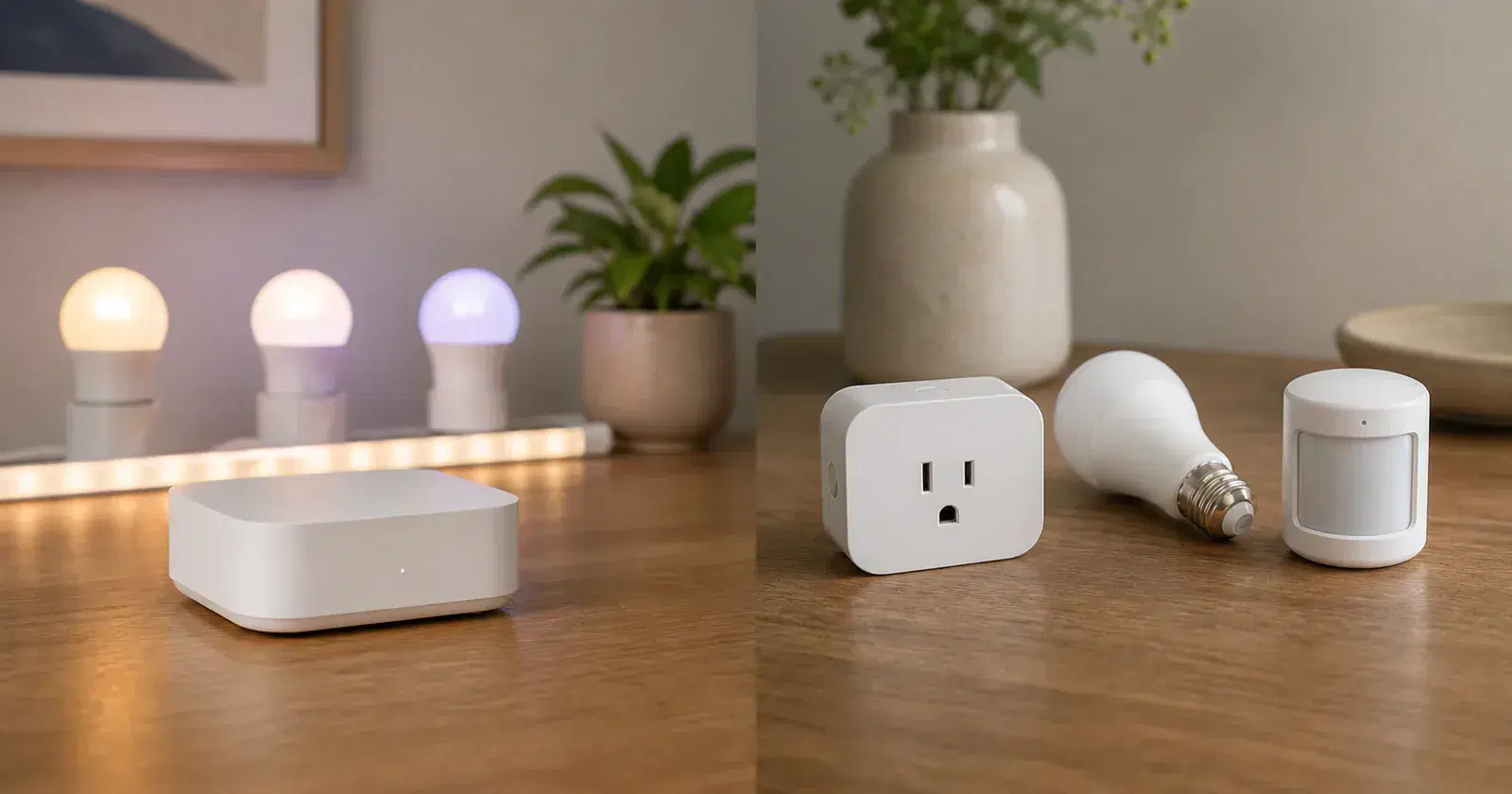 A hub on one side and individual smart devices on the other showing a bridge versus native Matter choice
