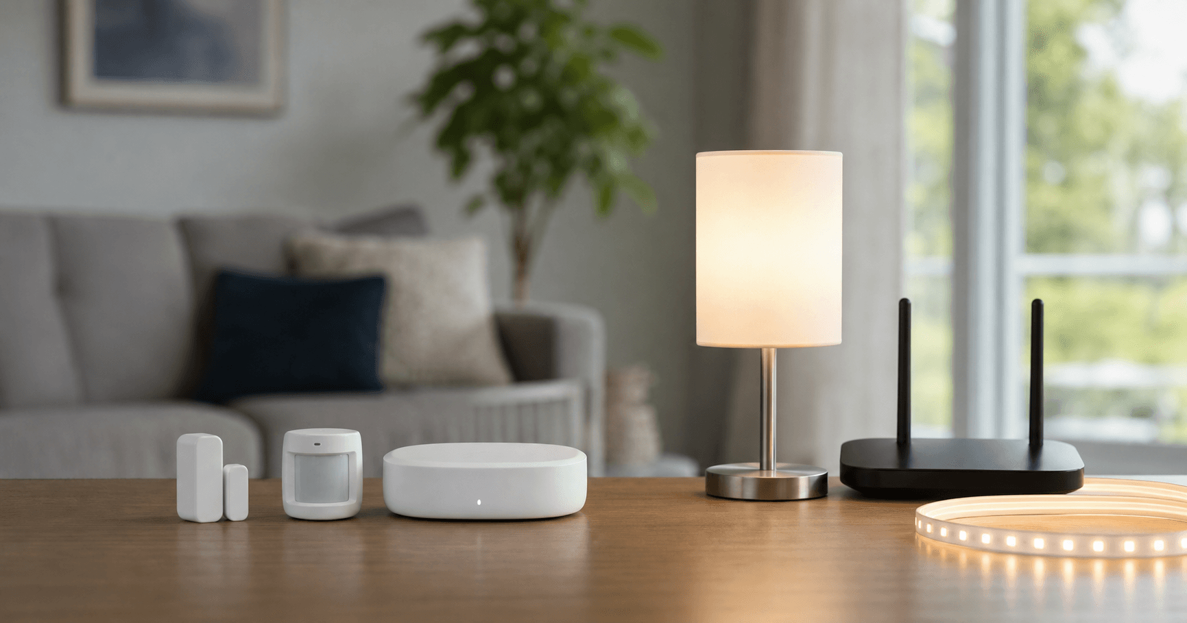 Unbranded smart home devices split between a small Thread sensor setup and a Wi-Fi lamp setup