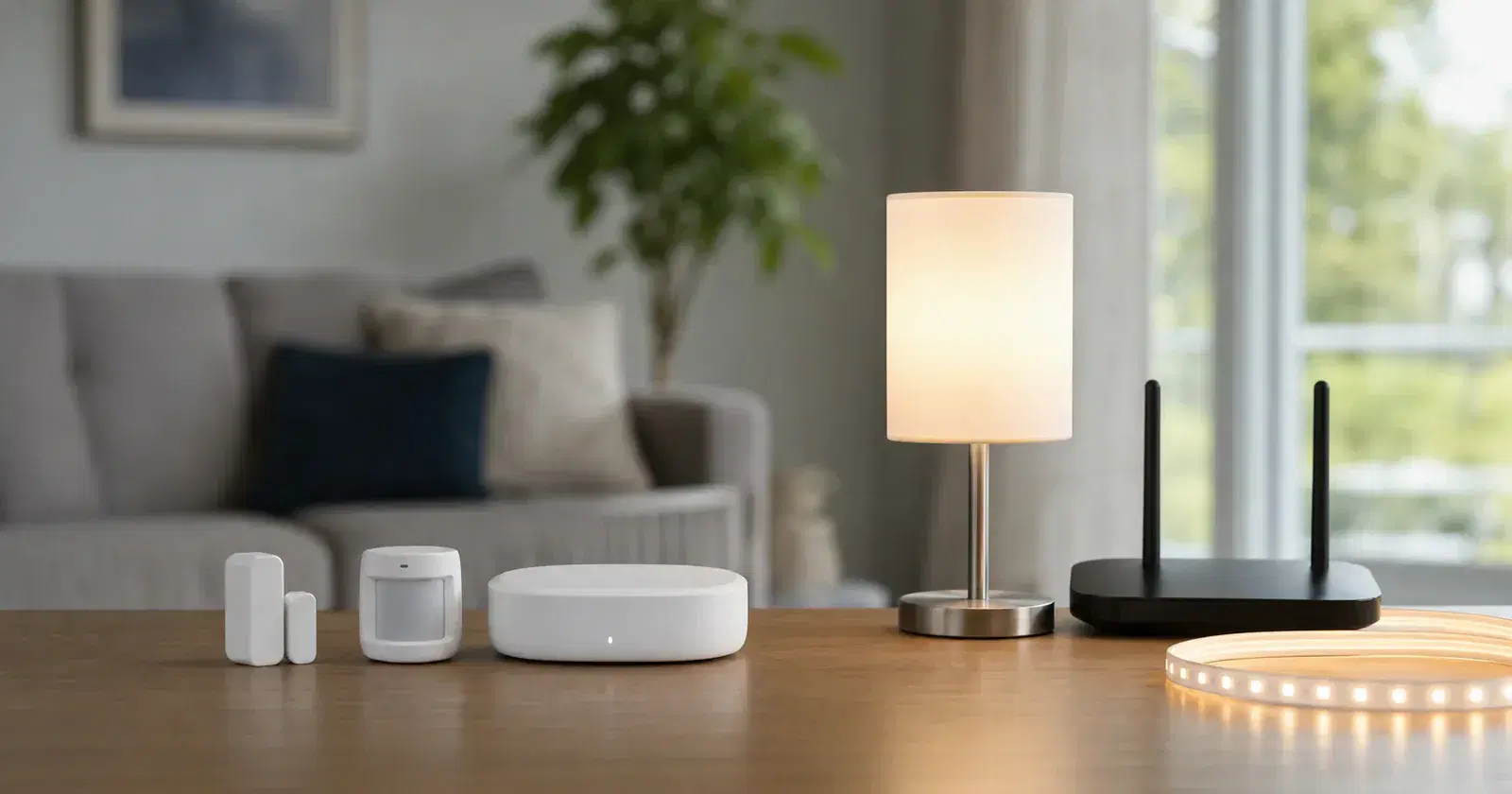 Unbranded smart home devices split between a small Thread sensor setup and a Wi-Fi lamp setup