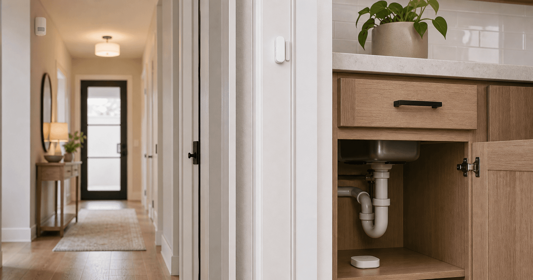 Unbranded motion sensor, contact sensor, and leak sensor placed around a hallway and sink area