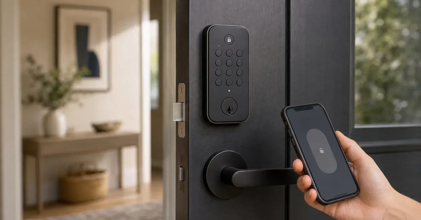 Unbranded smart lock on a door with a phone nearby and no separate brand hub in view
