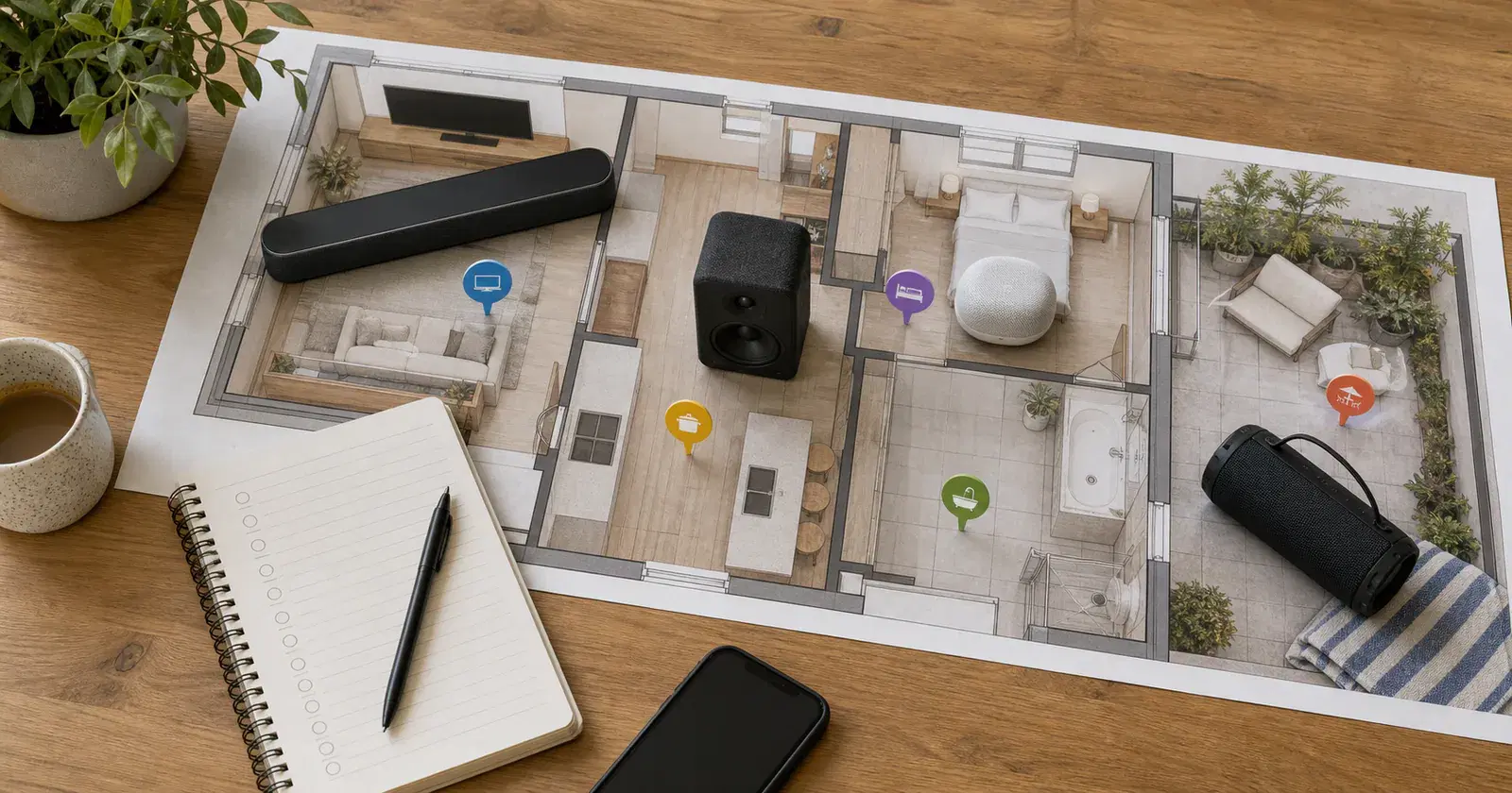 Speaker options arranged over a home floor plan with TV, bedroom, kitchen, bathroom, and patio areas