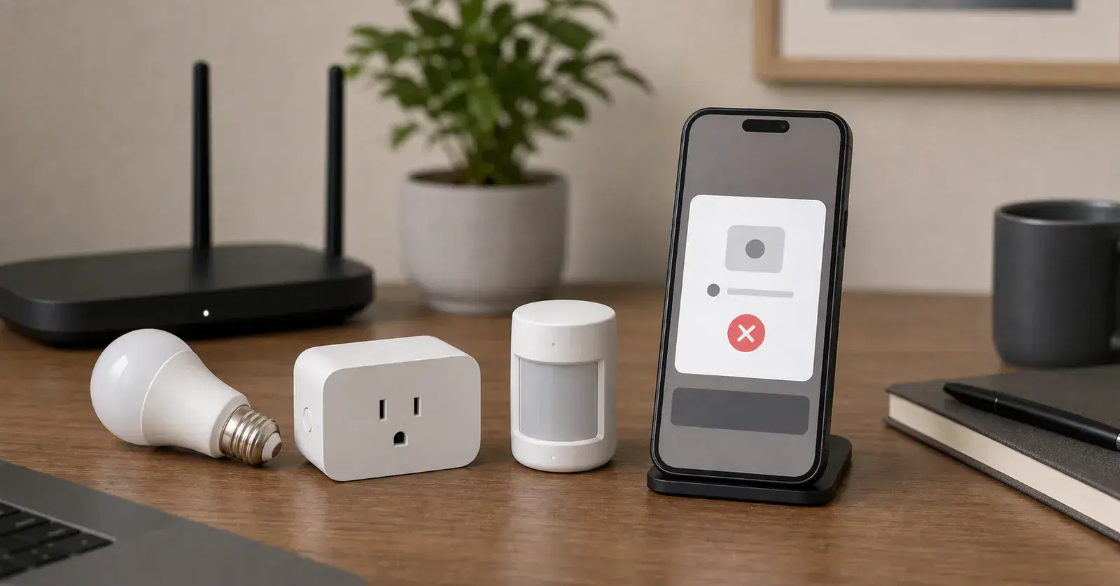 A phone showing an abstract failed smart home setup near unbranded Matter devices