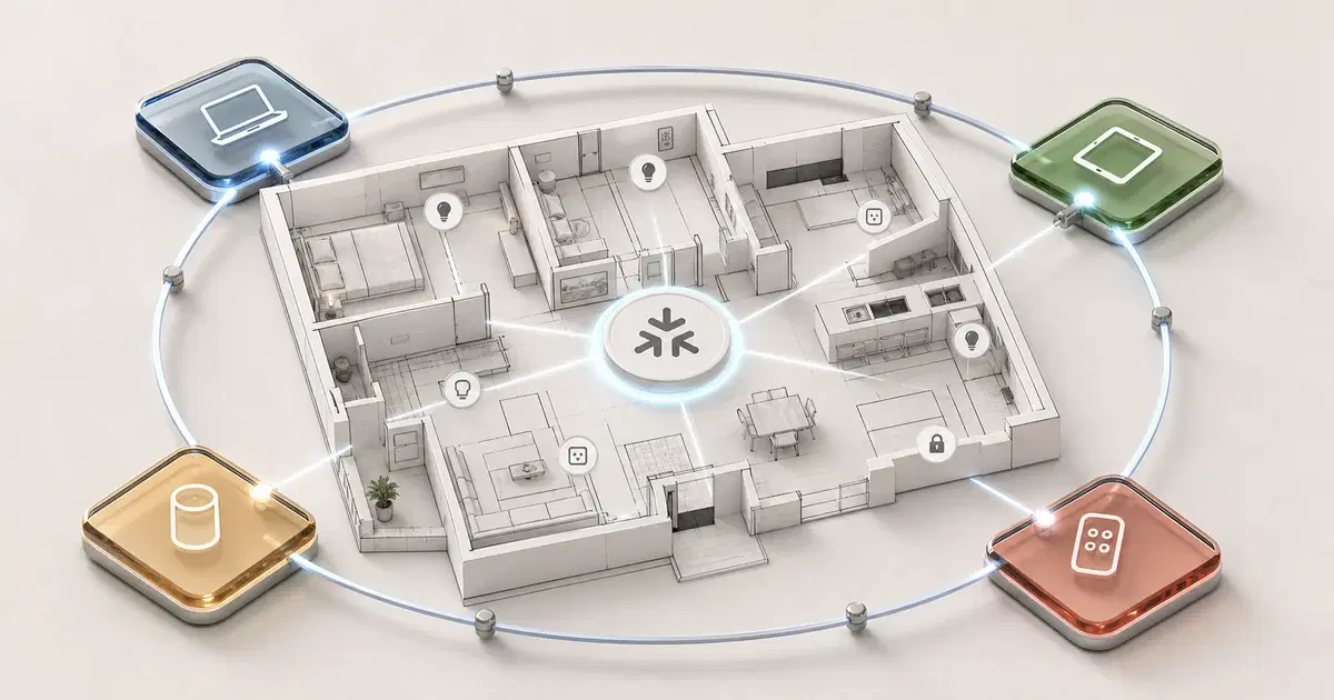 Abstract floor plan showing several controller nodes sharing one Matter home fabric