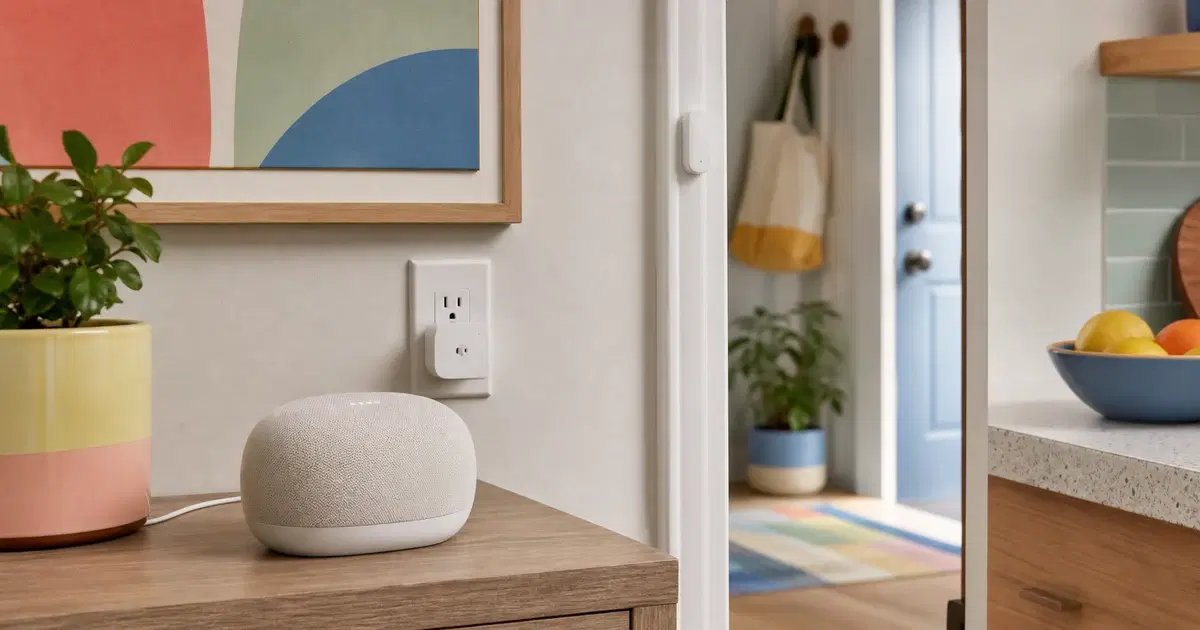 A compact fabric smart speaker near a Matter plug and door sensor in a Google Home-style room