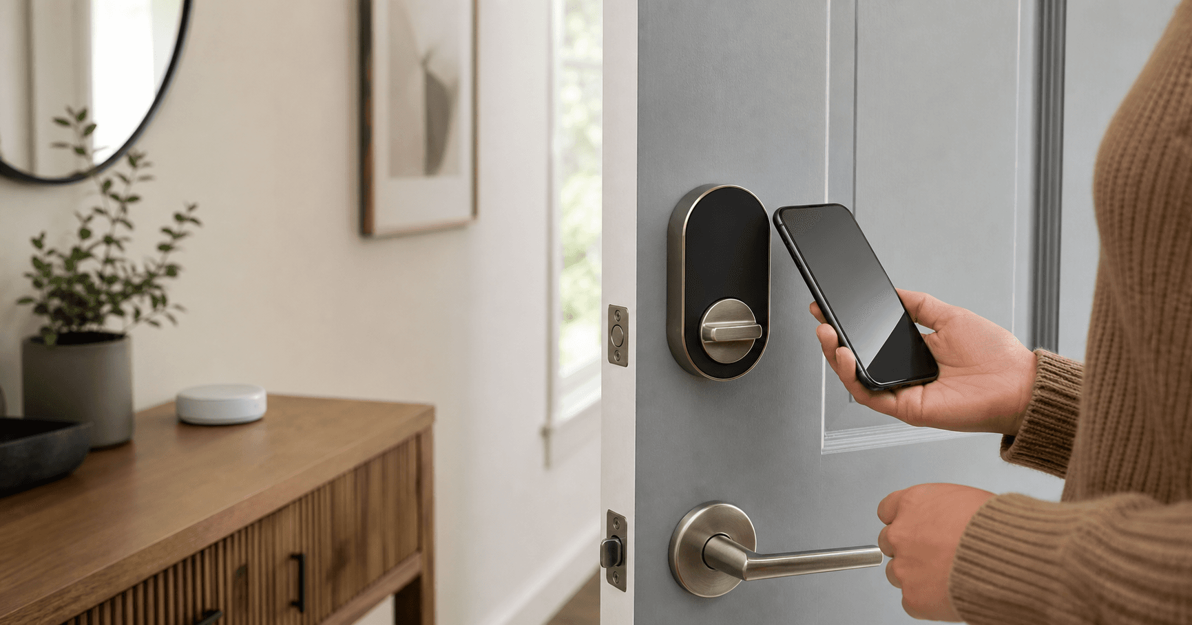 A generic smart deadbolt on an entry door with a phone nearby during setup