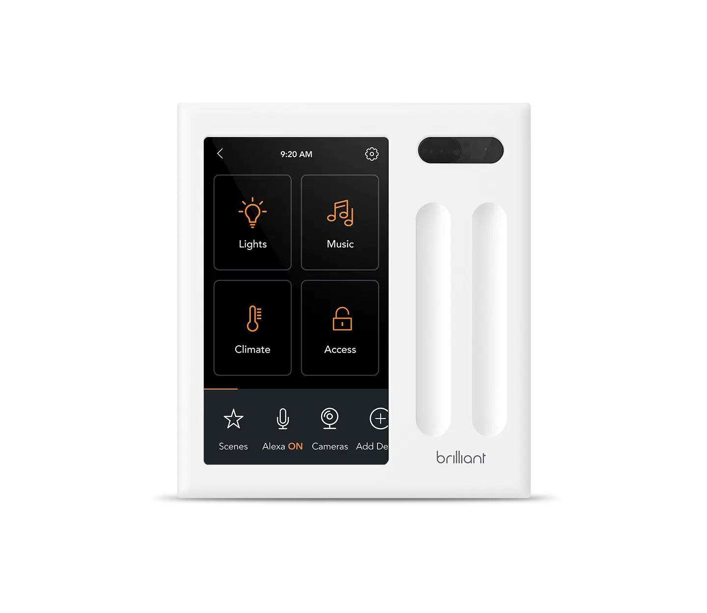 White Brilliant two-switch in-wall control panel showing smart home controls